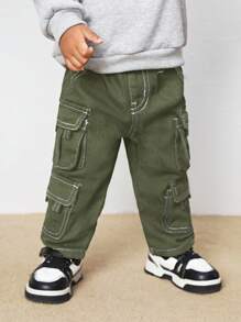 SHEIN 男婴时尚炫酷多口袋撞色缝线牛仔黑色牛仔裤，百搭户外服装