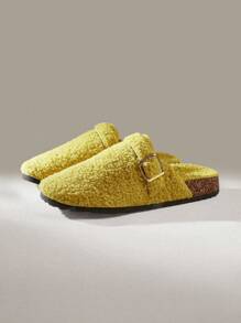 Solecia Women's Round Toe Fuzzy Slip-On Flat Mules Spring Shoes Spring Break Easter For Christmas - Yellow - View 3