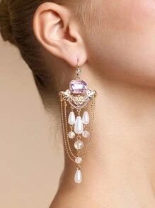 SHEIN Belle Crystal Rhinestone Pearl Beaded Tassel Drop Earrings