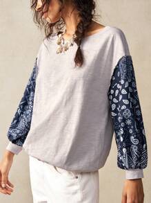 Bohemela 女士休闲针织拼布圆领 3/4 袖宽松 T 恤 - 灰色 - 查看 5