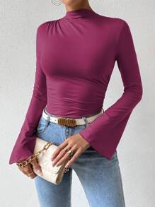 RosyDaze Elegant Solid Color Flared Sleeve Ruched Bodysuit, Autumn Fall Cloth For Women - Red Violet - View 7