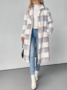 SHEIN Clasi Women Turndown Collar Single-Breasted Warm Plush Checkered Print Jacket