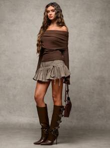 SHEIN BAE Women's Autumn Brown Herringbone Tied-Waist Pleated Hem Simple Houndstooth Mini Skirt