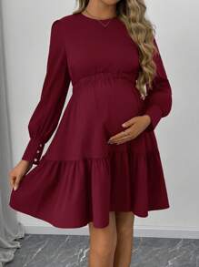 SHEIN Maternity Long Sleeve Solid Color Dress, Casual And Fashionable For Daily Wear - Red - View 3