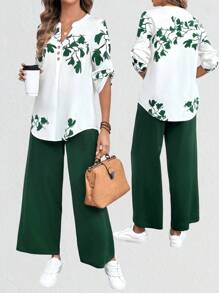 EMERY ROSE Women's Plant Print V-Neck Ruffle Sleeve Shirt And Wide Leg Pants 2 Pieces Casual Set
