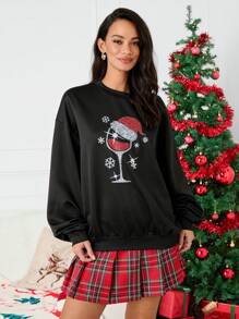 Manfinity VCAY Knitted Loose Fit Round Neck Christmas Pattern Print Drop Shoulder Long Sleeve Sweatshirt, Christmas Going Out Crew Neck Black Graphic Sweatshirt, For Friends, Husband, Boyfriend Gifts, For Fall Winter - Black - View 3