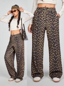 SHEIN Teen Girl Fall/Winter Basic Leopard Comfortable Brown Wide Leg Sweatpants - Brown - View 1