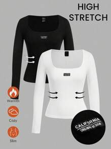 SHEIN EZwear Bộ 2 áo thun cổ tròn bó sát tay dài thường ngày cho nữ, quần áo mùa đông dày, đa năng - Đen và trắng - Xem 1