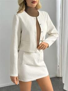 INAWLY Vrouwen Mode Elegante Effen Kleur Crop Top En Minirok Set