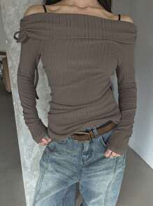 DAZY Áo thun nữ dài tay, kiểu trễ vai, thắt eo, ôm sát, thích hợp mặc mùa thu. - Màu Khaki - Xem 6