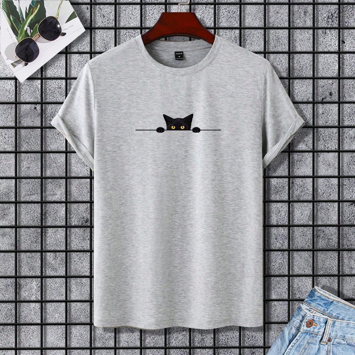 Camiseta de hombre de manga corta y cuello redondo informal con estampado de gato de dibujos animados