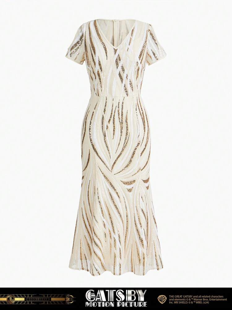 The Great Gatsby x MOTF SEQUINS ALLOVER PATTERN V-NECK COLD SHOULDER MERMAID HEM LONG DRESS