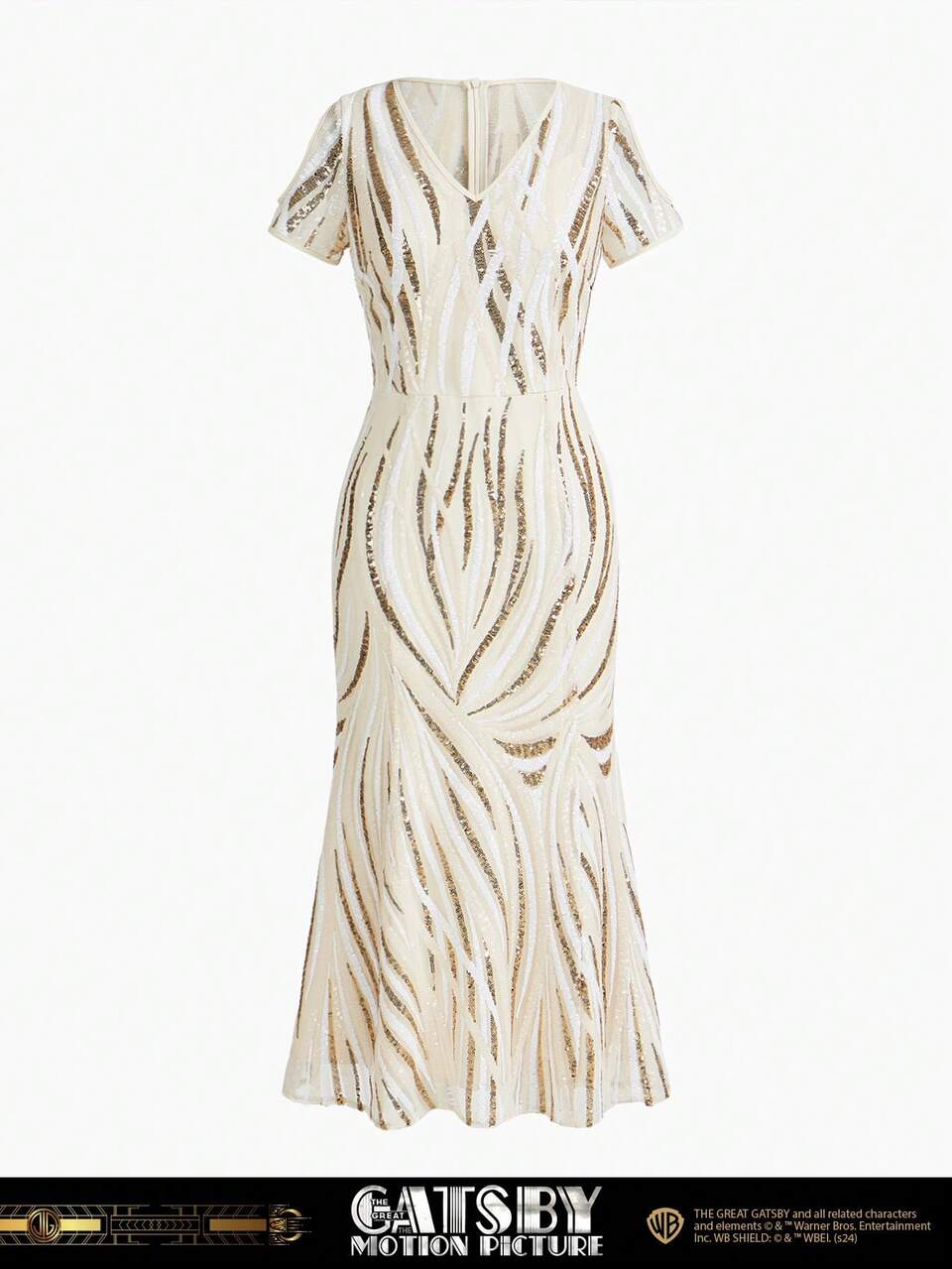 The Great Gatsby x MOTF SEQUINS ALLOVER PATTERN V-NECK COLD SHOULDER MERMAID HEM LONG DRESS