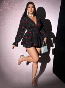 Viva Relle Blusa sencilla de manga larga con escote en V y estampado de corazón en tela jacquard, para tallas grandes, top con volantes para uso casual diario, San Valentín - Negro - Ver 3