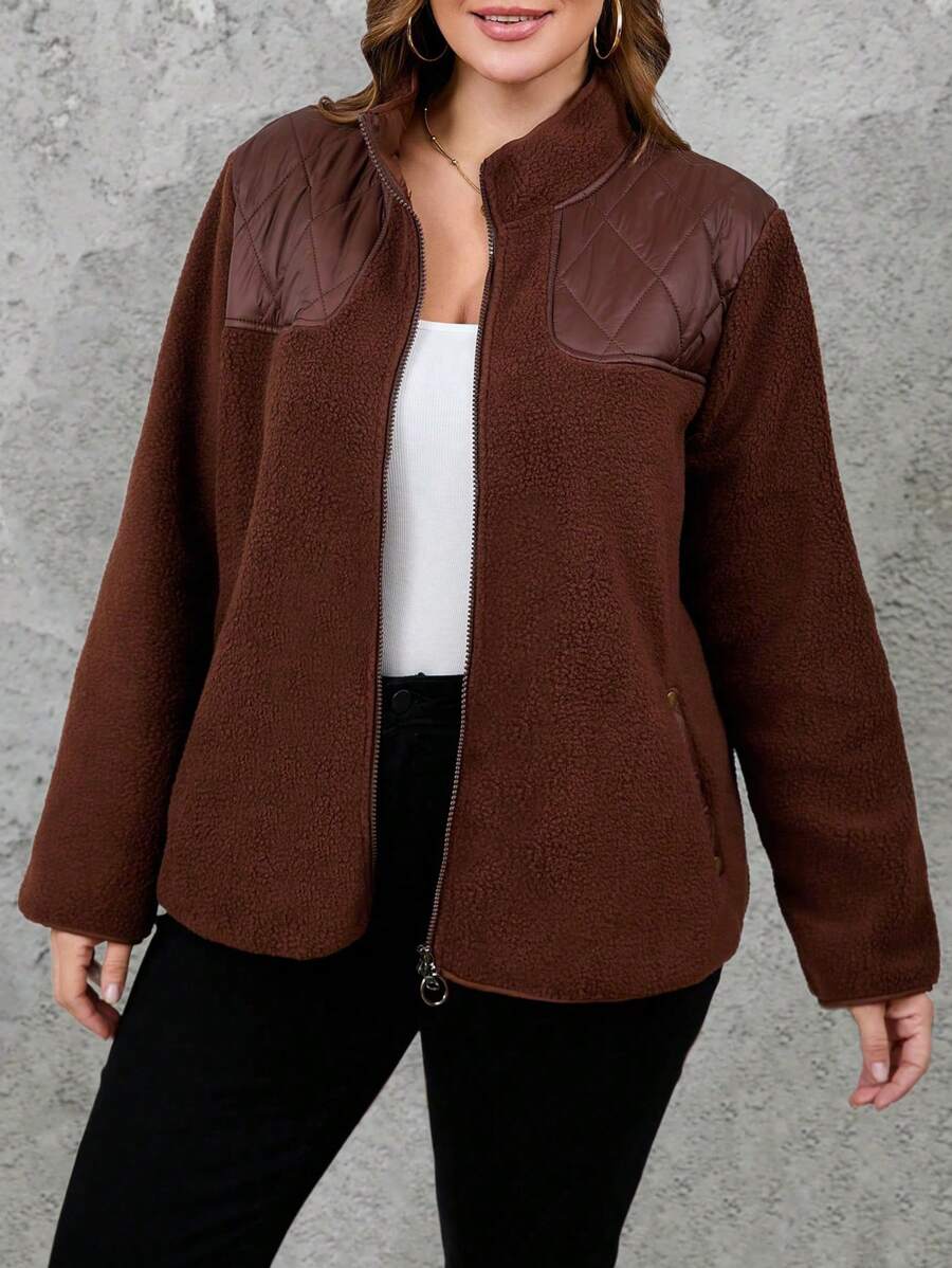 SHEIN LUNE 大码女式秋冬蓬松拉链领宽松长袖夹克 - 棕色 - 查看 1