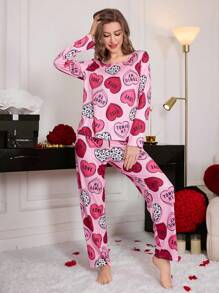 Digitaltryckt pyjamasset med hjärtmönster, 140 g, 100 % mjölksiden, för damer, med enkelriktat tryck och positioneringsskärning, för alla hjärtans dag, höst- och vinterkläder - Multifärgad - Visa 3