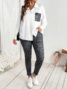 SHEIN VCAY Plus Size Women Leopard Print Pocket Shirt And Leopard Leggings 2 Pieces Matching Sets