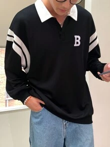 Manfinity Dauomo Men's Contrast Color Letter Applique Striped Print Casual Long Sleeve Polo Shirt