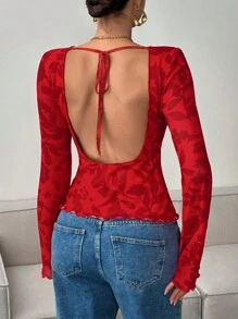 SHEIN Essnce 秋季时尚性感花卉印花系带露背喇叭袖红色长袖 T 恤 - 紅色 - 查看 1