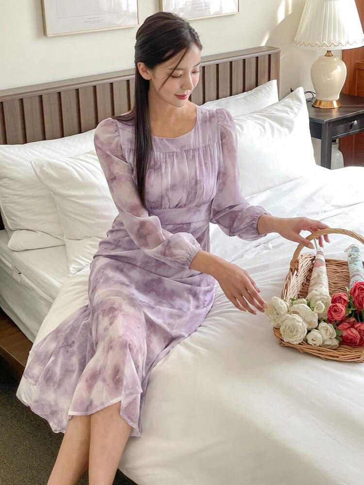 Knee-Length Floral Chiffon Ruffle Hem Dress For Women,Fall Clothes Long Sleeve Dress Maxi Dress