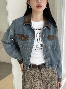 DAZY 女士纯色拼接前扣长袖口袋简约牛仔夹克 - 藍色 - 查看 7