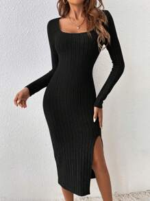 SHEIN Frenchy Vestido ajustado con abertura en el cuello y el muslo, falda larga negra cuadrada - Negro - Ver 4