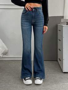 SHEIN Casual Stone Washed High Waist Flare Jeans