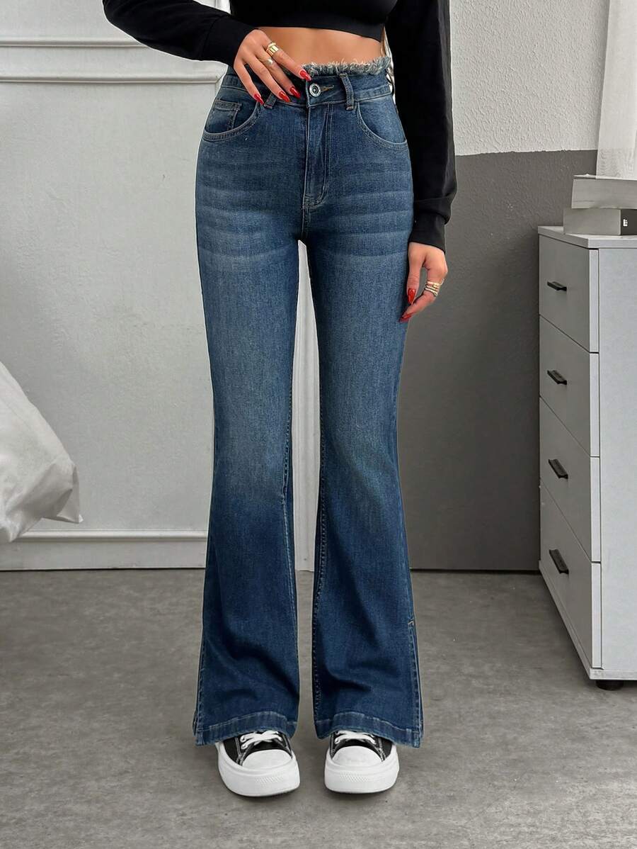 SHEIN Casual Stone Washed High Waist Flare Jeans