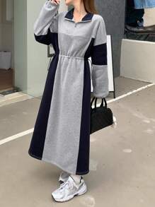 DAZY 女式休闲拼色抽绳腰长裙，秋季连衣裙 - 灰色 - 查看 3