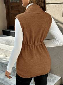Momance Jersey sin mangas con cuello, cintura anudada y unicolor para maternidad, otoño/invierno - Marrón - Ver 2