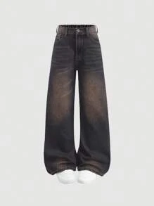 SHEIN Tween Girl's Retro Washed Front Button Multiple Pockets Casual Denim Straight Leg Jeans