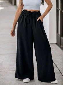 SHEIN LUNE Pantalones anchos de cintura alta casuales para mujer, negro - Negro - Ver 3