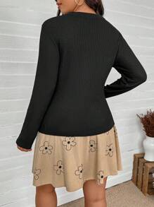 SHEIN LUNE Bộ 2 chiếc/Bộ áo thun dài tay bó sát bằng vải có họa tiết & váy xòe ôm sát, giản dị & đa năng, cỡ lớn, trang phục boho cowgirl lễ hội old money phong cách bohemian phương Tây dành cho phụ nữ hippie mùa hè boho old money trang phục mùa hè dành cho phụ nữ trang phục lễ hội rave nghỉ xuân trang phục nghỉ xuân - màu đen - Xem 2
