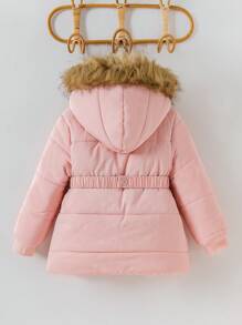 Abrigo acolchado negro con cuello esponjoso y cinturón con moño para niñas jóvenes - Rosa - Ver 2