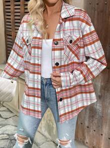 INAWLY Women's Plaid Drop Shoulder Long Sleeve Single-Breasted Utility Pocket Casual Jacket For Autumn/Winter/Spring Fall Cloth For Women - Orange - View 4