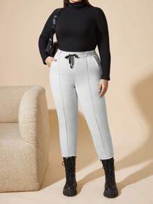 RueChic Plus Size Casual & Versatile Solid Color Slim Fit Pants - Light Grey - View 1