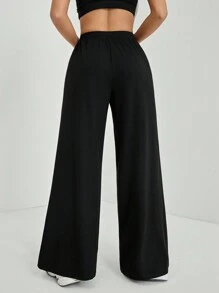 SHEIN PETITE 舒适人造丝阔腿休闲裤-黑色 - 黑色 - 查看 2