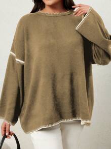 SHEIN Cottnline 大码女式拼色饰边圆领长袖简约休闲毛衣 - 米色 - 查看 3