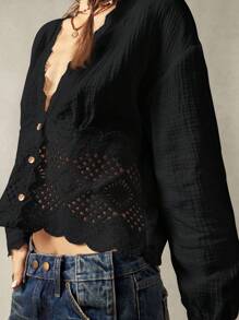 Bohemela Casual Solid Color Woven V-Neck Lantern Sleeve Lace Trim Loose Fit Women Blouse