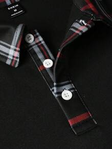 Manfinity Mode 男士休闲格子拼接长袖 Polo 衫，秋季，秋季，Old Money - 黑色 - 查看 6