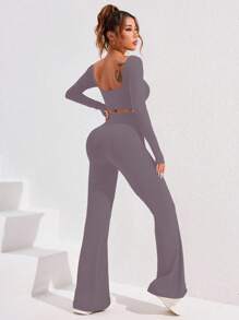 Women Solid Color Crew Neck Long Sleeve Cropped Top And Legging Sports Set Workout Women Set - Dusty Purple - View 2