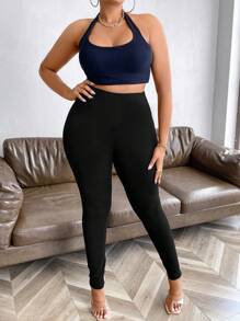 Maweii 女式大尺碼純色口袋打底褲 - 黑色 - 查看 3