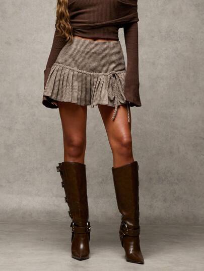 SHEIN BAE Women's Autumn Brown Herringbone Tied-Waist Pleated Hem Simple Houndstooth Mini Skirt