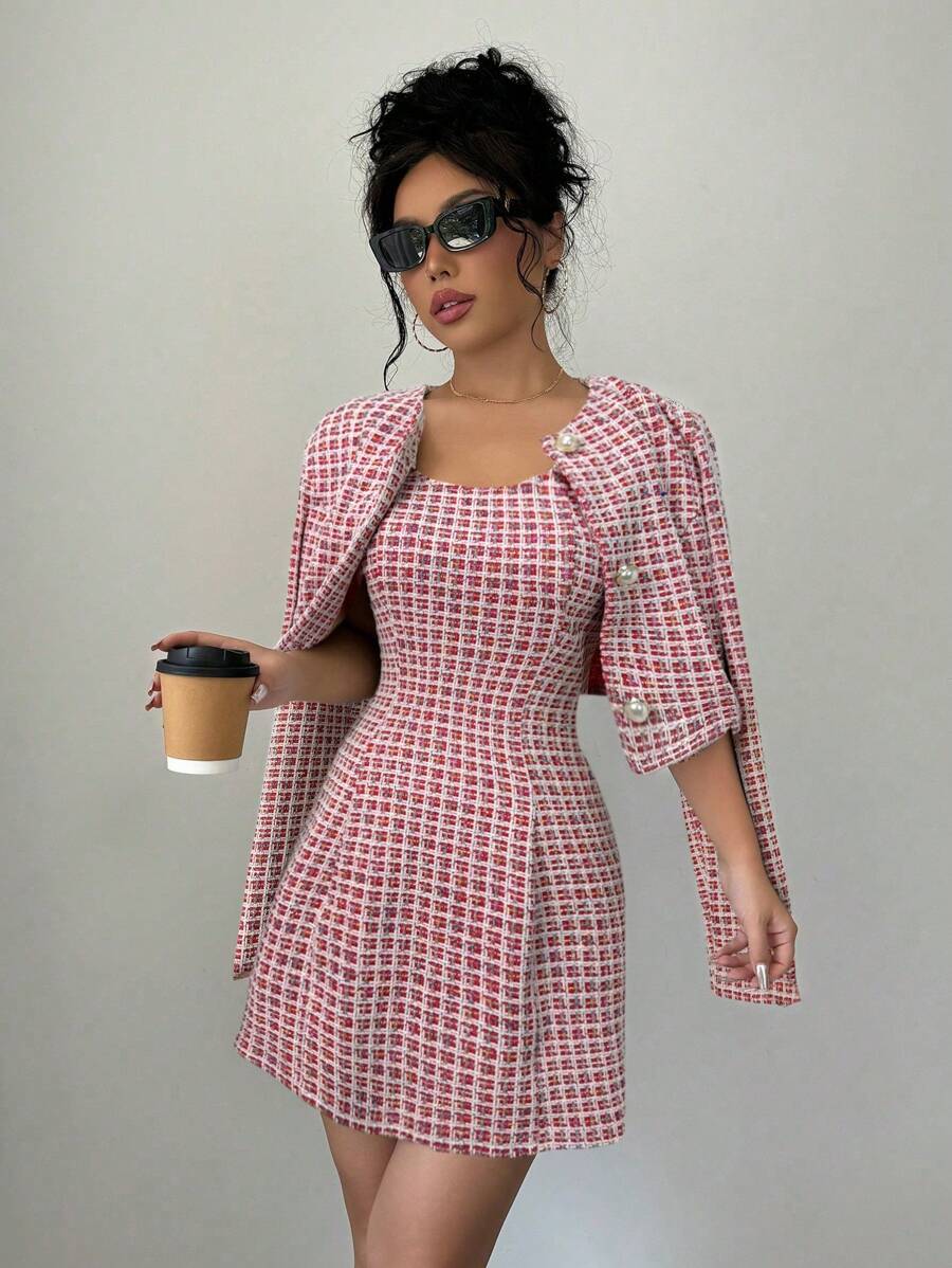 Elenzga 2 件套女士休闲前扣长袖格子上衣和连衣裙套装 - 紅色 - 查看 1