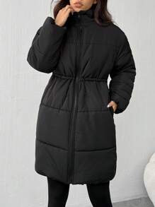 SHEIN EZwear Winter New Thick Warm Solid Color Mid-Length Drawstring Hooded Padded Coat