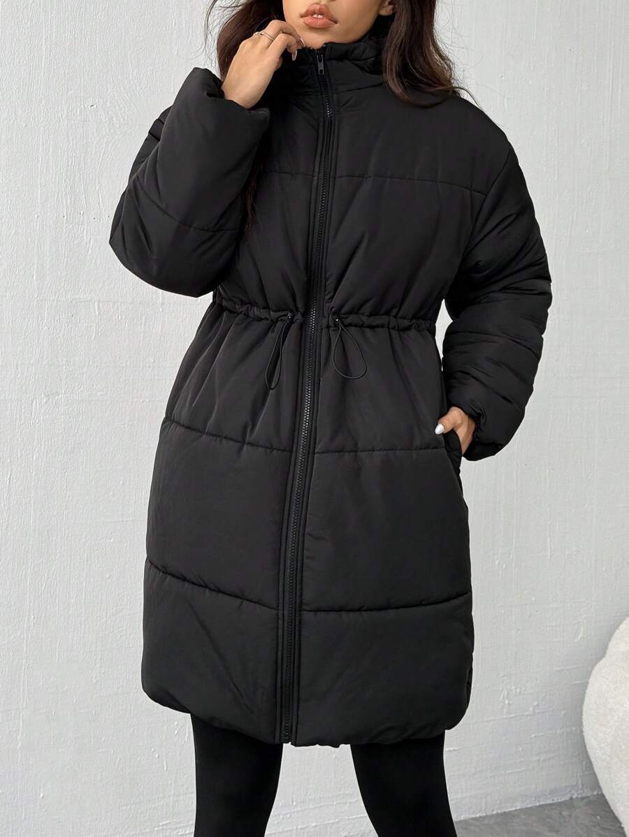 SHEIN EZwear Winter New Thick Warm Solid Color Mid-Length Drawstring Hooded Padded Coat