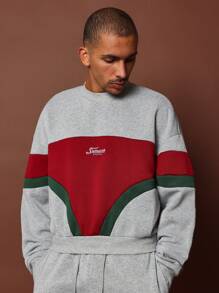 SUMWON Athletics Retro Color Block Sweatshirt With Athletic Logo Fall Winter Loungewear Cozy Sportswear Vintage Style Street Fashion Crewneck Casual Pullover - Multicolor - View 1