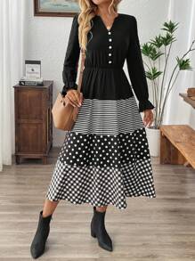 EMERY ROSE Women's Autumn Striped Polka Dot Print Long Sleeve Button Design Elegant Midi Dress - Black - View 4