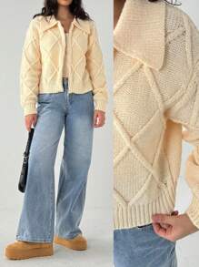 Forever 21 F21 针织双向拉链高领落肩长袖毛衣 - 杏色 - 查看 5