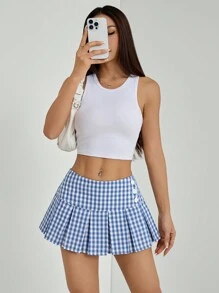 SHEIN PETITE 女士格子印花简约日常 A 字裙、网球裙系列 - 藍色 - 查看 5